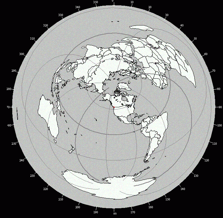 Azimuthal equidistant projection centered on Vancouver, Canada